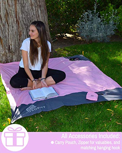 ECCOSOPHY Sand Proof Beach Blanket - Waterproof Picnic Blanket 60x55 Outdoor Compact Pocket Blanket Lightweight Ground Cover for Hiking Camping Festivals Sports Travel with Bag & Stakes (Pink) - color: Pink