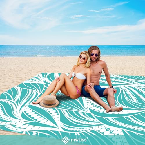 Beach Blanket Waterproof Sandproof Oversized 95”x 80”,Sand Free Beach Mat with Corner Pockets,Portable Mesh Bag (WaveBeaded-Turquoise)