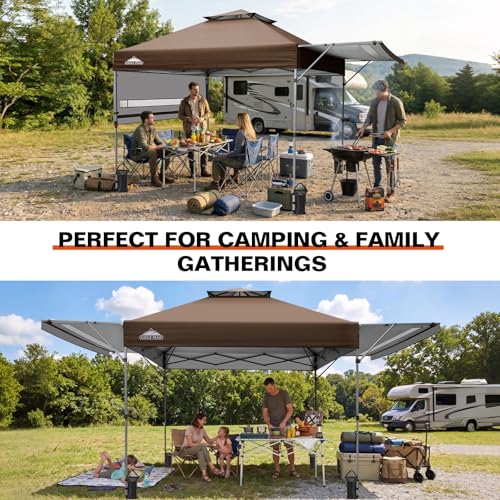 EAGLE PEAK 17x10 Pop up Gazebo Canopy Tent Outdoor Instant Canopy Shelter with Adjustable Dual Half Awnings (Brown) - color: Brown