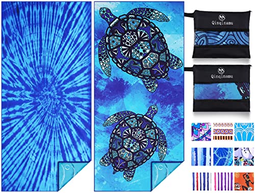 2 Pack Microfiber Thin Lightweight Beach Towel Oversized 71x32 Extra Large Sand Free Towels for Travel Swim Pool Yoga Gym Camping for Adults Women Men Beach Essentials Accessories Vacation Gift - color: 2 Pack Tie Dye and Turtle