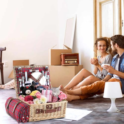 Wicker Picnic Basket for 4 with Waterproof Picnic Blanket and Insulated Cooler, Willow Hamper for Camping, Outdoors, Photoshoot, or a Birthday, Valentine’s Day, Wedding Gift - color: Red Grid