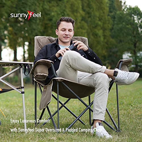 SUNNYFEEL XXL Oversized Camping Chair Heavy Duty 500 LBS for Big Tall People Above 6'4 Padded Portable Folding Sports Lawn Chairs with Armrest Cup Holder & Pocket for Outdoor/Travel/Picnic/Camp - color: Khaki-500lbs-1pc