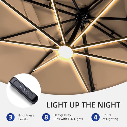 9 X 12 FT Cantilever Patio Umbrella with Led Lights and Base Included Heavy Duty Outdoor Double Top Large Rectangle Offset Umbrellas with 360-degree Rotation for Garden Pool Deck Backyard, Beige - color: Beige, size: 9' X 12'- Weighted Base Included(LED)