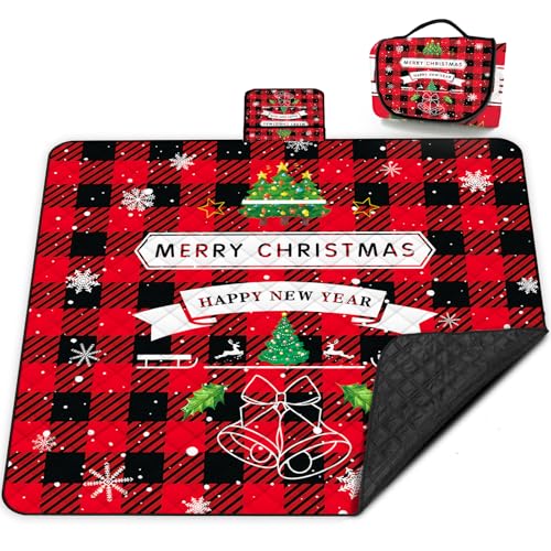 Poedist Christmas Extra Large Picnic Blanket Waterproof,80"x 80"Foldable Machine Washable Beach Blanket,Outdoor Blanket for 6-8 Adults,Suitable for Crawling,Park Beach,Camping,Hiking,Family - color: Red- Christmas, size: 6'8" x 6'8" (Square)