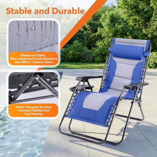 Simple Deluxe Relaxing Recliners Patio Chairs Adjustable Steel Mesh Zero Gravity Lounge Chair Beach Chairs with Pillow and Cup Holder, Blue Grey - color: Blue Grey, size: 62.2"(L) x 29.13"(W) x 41.73"(H)