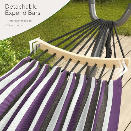600lbs Hammock with Stand for Outside, 2 Person Portable Hammock with Side Storage, Carrying Bag, Expend Wooden Bar for Outdoor or Indoor (Purple Black) - color: Purple Black