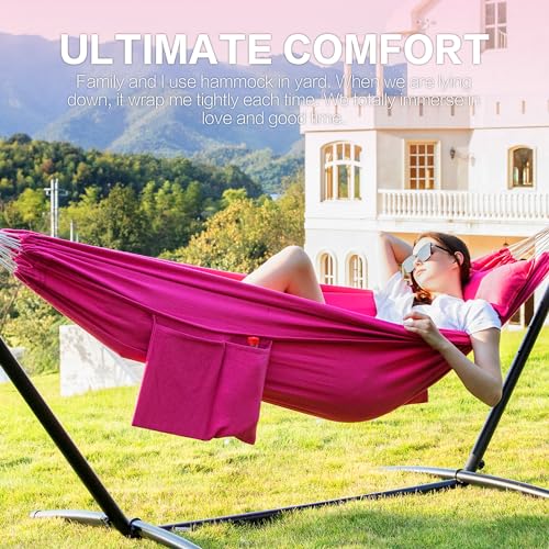 PNAEUT Double Hammocks with Stand for Outside, Portable Space Saving Heavy-Duty Steel Stand for Indoor Outdoor Patio with Carrying Bag, 450 lbs Capacity (Rose Pink) - color: Rose Pink