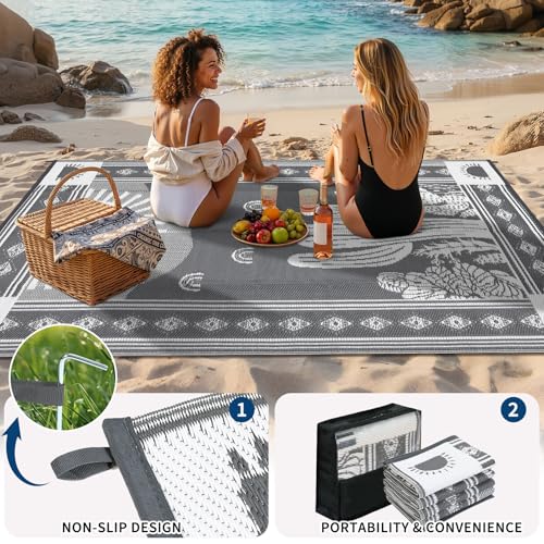 Garvee Reversible Cactus Outdoor Rug 8x10 for Patio, Waterproof Outdoor Area Rug, Modern Desert Botanical Indoor Outdoor Rugs, Plastic Straw Rug for RV, Camping, Deck, Grey - color: Grey & White-cactus, size: 8' x 10' (Rectangular)