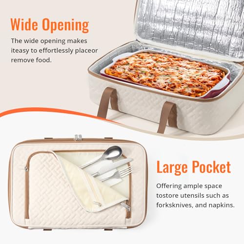 Insulated Casserole Carrier - Portable Casserole Carrier for Hot or Cold Food, Lasagna Holder for Parties,Picnic,Cookouts,Traveling - Fits 9" x 13" Baking Dish (Beige) - color: Beige