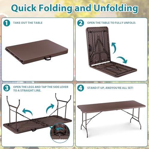 SUPER DEAL 6FT Folding Table for Indoor Outdoor, Portable Heavy Duty Fold-in-Half Plastic Dining Picnic Party Camping Table with Carrying Handle, Brown - color: Brown, size: 71"x27", style: Rectangular