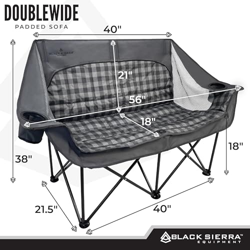Black Sierra Double Padded Folding Camping Chair, Oversized Folding Camp Sofa, Portable Outdoor Loveseat Supports 500 lbs, Perfect for Beach, Tailgating, RV, Sports, Patio - color: Grey Buffalo Check