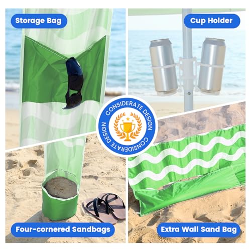 Zeraty Beach Cabana 8'×8', Portable Beach Canopy with Side Wall, UPF 50+ Silver-Coated Beach Tent Sun Shelter, Wind Resistant Adjustable Altitude Beach Umbrella Tent for Family, Green - color: Green