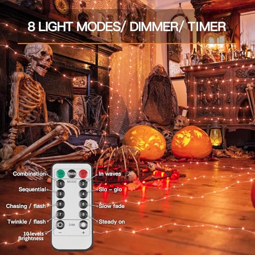 suddus Orange Halloween Fairy Lights Battery Operated, 66ft 200 LED Copper Wire Twinkle Lights Waterproof, String Lights with Remote for Bedroom, Party, Yard, Door, Garland, Tree Decorations - color: Orange, size: 200LED