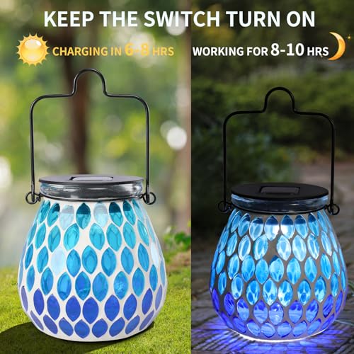 Afirst Mosaic Solar Lanterns - Glass Hanging Lights Hollow Out Waterproof Decorative for Garden, Patio, Holiday Party Outdoor Decoration, Blue-C, 5009420 - style: Ocean Blue