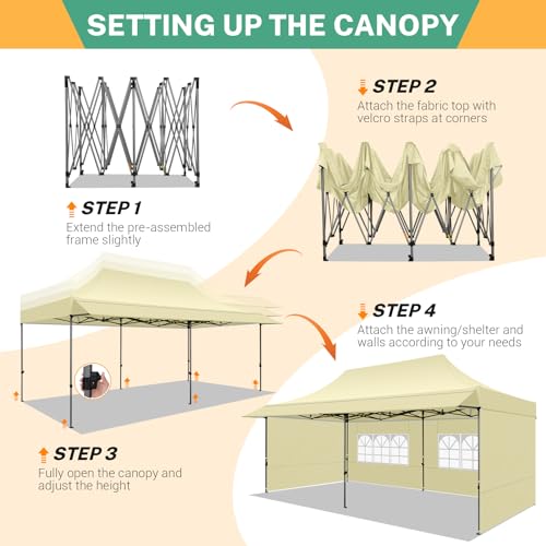 COBIZI 10x20 Pop Up Canopy Tent with Awning & Sidewalls, Heavy Duty Commercial 10X20 Canopy Tents Instant Waterproof, UPF 50+ Sun Shade for Outdoor, Parties, Markets (Khaki) - color: Khaki, size: 10x20FT with 4 Sidewalls & 1 Awning Cloth