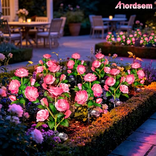 Anordsem Solar Garden Lights Outdoor: 10 Waterproof Fabric Roses 2 Pack - Pink LED Flower Decorations for Yard Patio Path Cemetery Grave - Mother’s Day Gift for Her Women Mom Wife - color: Pink, size: 2 Pack (LED luminous white)
