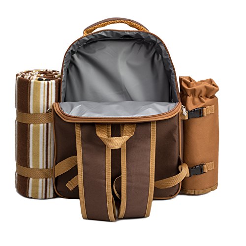 apollo walker Picnic Backpack Bag for 2 Person with Cooler Compartment, Detachable Bottle/Wine Holder, Fleece Blanket, Plates and Cutlery(2 Person, Brown) - color: Brown, size: 2 Person