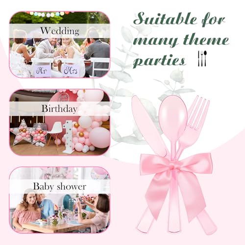 Minatee 25 Sets Pink Plastic Cutlery Set with Twist Tie Bows, Heavy Duty Tableware Disposable Pink Forks Knives and Spoons Silverware Utensils Set for Coquette Birthday Party Table Setting Picnics - color: Pink