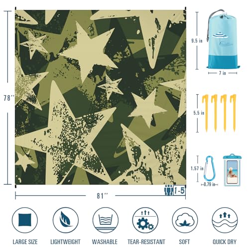 Famstar Beach Blanket Sandproof Waterproof 78''×81''1-5 Adults Oversized,Compact Lightweight Durable Beach Mat for Travel Camping Hiking Picnic Blanket - color: Star, size: 78''×81''