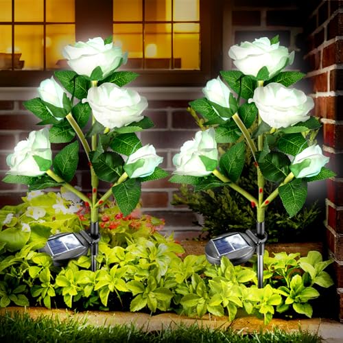 Anordsem Solar Garden Lights Outdoor: 10 Waterproof Fabric Roses 2 Pack - White LED Flower Decorations for Yard Patio Path Cemetery Grave - Mother 's Day Gift for Her Women Mom Wife - color: White, size: 2 Pack (LED luminous white)