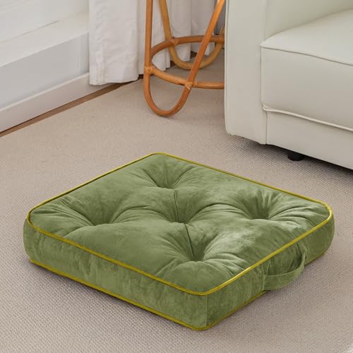 HIGOGOGO Large Floor Pillow Cushion for Adults, Meditation Cushion Pillow with Handle, Lustrous Chenille Tufted, Square Floor Sitting for Tatami Living Room or Yoga, 22x22 Inch, Green - color: Square Green, size: 4" Thick(pack of 1)