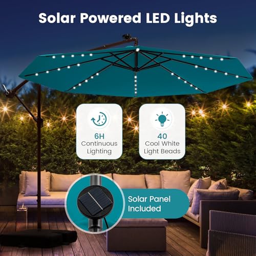 Tangkula 10FT Offset Patio Umbrella with Base Included, Outdoor Cantilever Umbrella with 40 Solar LED Lights, Tilt Adjustment, Crank Handle, Vented Top, Sand Bags for Pool Yard Deck (Turquoise) - color: Turquoise