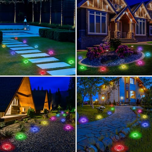 LYHOPE Solar Ground Light Outdoor, 16 Pack 8 LED Color Changing Solar Disk Lights Waterproof Garden In-ground Pathway Lights Landscape Lighting for Lawn,Yard,Deck,Patio,Walkway (RGB) - color: RGB (Red, Green, Blue), size: 16 Pack