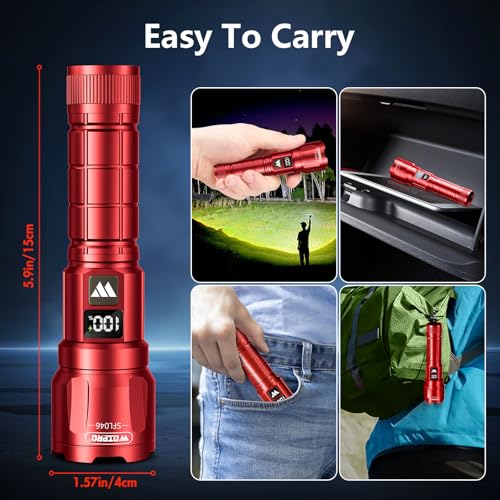 WdtPro LED Rechargeable Flashlight 2 Pack, 3 Modes Super Bright High Lumens Flashlights, Zoomable Tactical Flash Light with LCD Display, IP65 Waterproof Flashlights for Home Emergency Camping - Red - color: Red