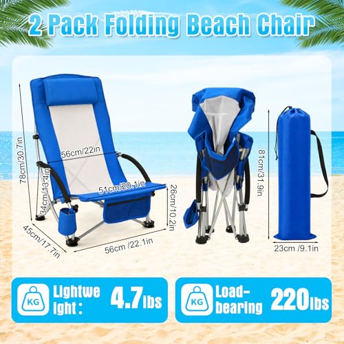 Colingmill 4 Pcs Low Beach Chair with Umbrella Camping Chair Backpack Folding Recliner Mesh Back with Headrest Cup Holder Carry Bag for Summer Tent Picnics Outdoor Travel Barbecues (Ocean Blue) - color: Ocean Blue