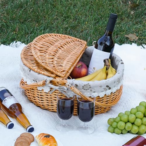 15" Wicker Picnic Baskets with Removable Liner, Empty Picnic Basket with Lid, Picnic Hamper with Folding Woven Handles for Picnic, Camping, Outdoor, Halloween, Thanks Giving - WhiteKapok - color: White Kapok