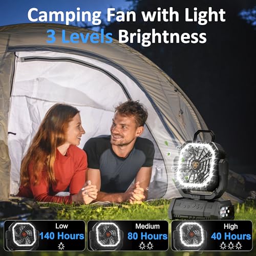 Portable Fan Rechargeable, 20000mAh Cordless Battery Powered Camping Fan with LED Light & Remote, 4 Speeds Wind, Timer, USB C, Hanging Hook, Oscillating Fans for Travel Tent, Camping Essentials - color: Black