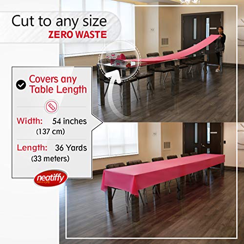 Neatiffy Disposable Plastic Table Cloth Roll | 54 in x 108 Ft Waterproof Tablecloth | Table Cover for Rectangle, Square, Round Oval Tables | Picnic, Party, Banquet, Birthdays, Weddings - Pink - color: Pink