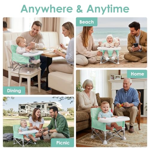 Tiny Marvels Portable Booster Seat, Foldable Baby High Chair with Removable Tray, Safety Harness & Carry Bag – for Toddlers Ages 6M-3Y, Ideal for Dining, Travel, Camping & Family Time - color: Green