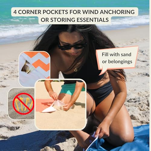Plush Microfiber Beach Blanket, Large Beach Mat for 1-4 Persons, Sandproof, Windproof | Hole for Umbrella, Corner Sand Pockets to Fight Wind (Bag for Blanket Included) - color: Peach & Chevron, size: Large