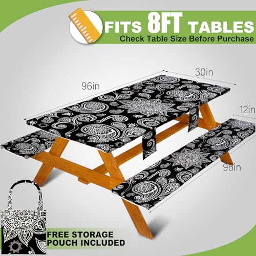 Picnic Table Cover with Bench Covers Table Cloth Tablecloth Summer Outdoor Rv Patio Tent Camping Glamping Campsite Camper Essentials Accessories Items Gear Gadgets Stuff Necessities Supplies Must Have - color: Black Paisley, size: 96in