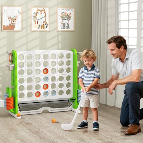 COSTWAY Giant 4-in-A-Row Connect Game Set, Height Adjust 4-to-Score Game with Mesh, Golf, Ring Toss Sets, Basketball & Cup Holders, Indoor Outdoor Yard Party Game for Kids Adults, Family (Green) - color: White & Green
