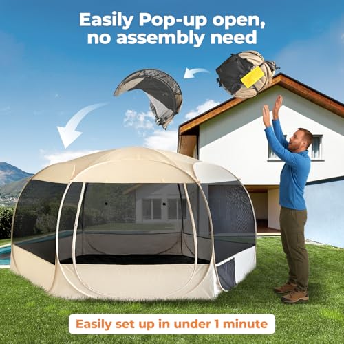 EighteenTek XXLarge Popup Portable Dog Houses, 10'x4.8'H Assembly-Free Gazebo-Style Dog Cot Cat Playpen Screen Pet Tent Sun Shade Shelter Dog Bed with Canopy for Outdoor Anti-Bugs with Leakproof Floor - color: Beige, size: XXLarge, 10' x 10' x 4.8'H
