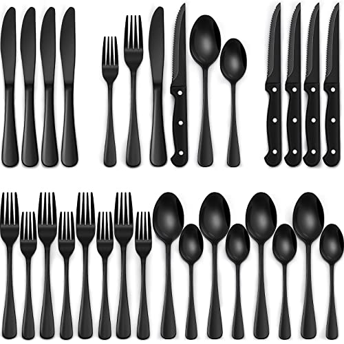 EWFEN 24-Piece Black Silverware Set with Steak Knives, Black Flatware Set for 4, Food-Grade Stainless Steel Tableware Cutlery Set, Mirror Finished Utensil Sets for Home Restaurant, Round Edge - style: Round Edge