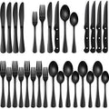 EWFEN 24-Piece Black Silverware Set with Steak Knives, Black Flatware Set for 4, Food-Grade Stainless Steel Tableware Cutlery Set, Mirror Finished Utensil Sets for Home Restaurant, Round Edge - style: Round Edge