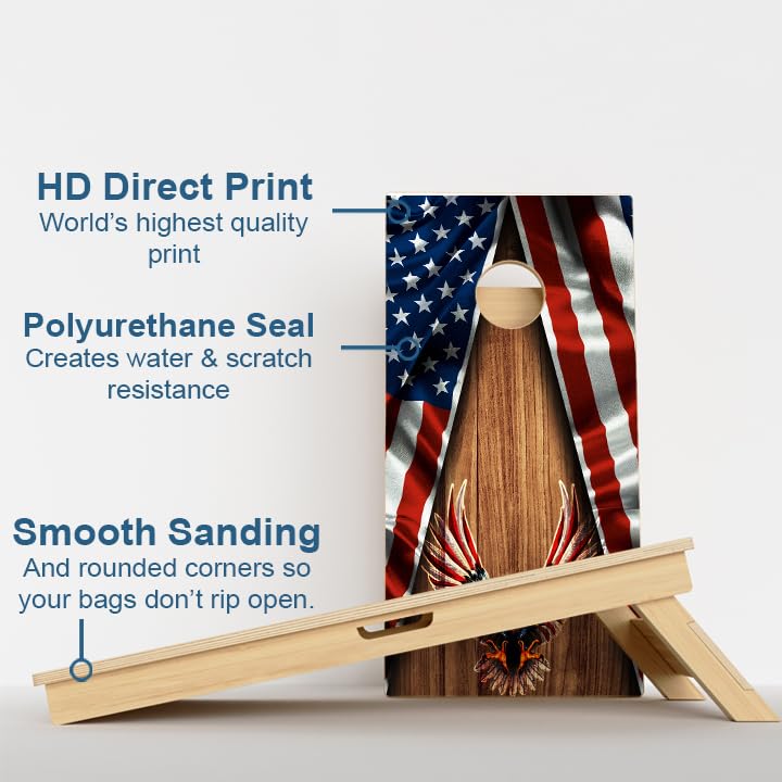 CornholeGamesUSA Pro Cornhole Boards Set | Made in USA | 3/4 Baltic Birch | No Bounce | Triple Thick Legs | Two Brace & Handles, Tournament 2x4 Regulation Set with Score Tower & Cornhole Bags - color: Eagle Wood