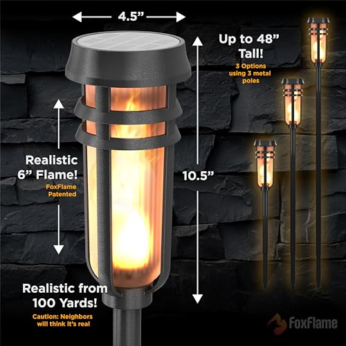 FoxFlame Metal Solar Torch Lights-Adjustable Height (24"-50"), Outdoor Garden Decor with Patented LED, Waterproof Solar Tiki Torches for Yard,Patio,Garden Pathway,Matte Black–2 Pack - style: Metal Torch