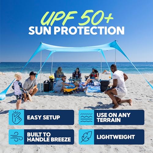 SUN NINJA Beach Tent Sun Shelter UPF50+ - Easy Pop Up Beach Canopy - Outdoor Shade for Camping Trips, Fishing, Backyard Fun Picnics - Sand Shovel, Ground Pegs & Stability Poles - color: Royal Blue, size: 7x7.5 FT 4 Pole