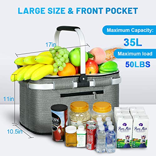 LIQING 35L Large Picnic Basket 2 Layers of Internal Pockets Leak-Proof and Insulated ，Folding with Internal Support for enhansed Stability, Wedding Gifts for Couple(Grey) - color: Gray
