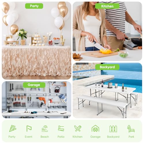 HLPB Folding Table - 2 Pcs, 6 ft Portable Camping Table with Handle and Safety Locks, Foldable Plastic Dining Table for Indoor/Outdoor Use, Perfect for Picnics and Parties