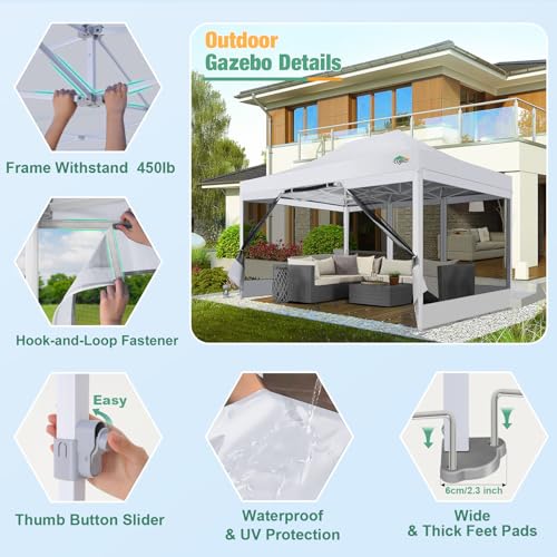COBIZI 10x15 Canopy Tent, Heavy Duty Pop up Canopy with Sidewalls, Waterproof Easy Setup Tent with Mosquito Netting, Outdoor Instant Screen Tents for Parties, Wedding, Backyard with Carry Bag, White - color: White, size: 10x15FT