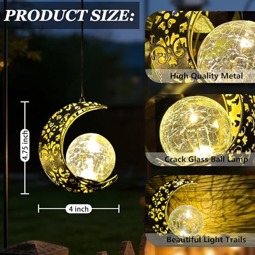 Hanging Solar Lights Outdoor Lanterns Garden Decorations, 2 Pack Moon Lights with Cracked Glass Globes Outside Decor for Backyard Balcony Patio Tree ,Unique Mother's Day Gifts for Women Mom