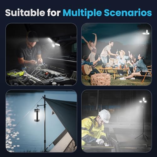 CAVN Rechargeable Camping Lights with Remote & Detachable Tripod Max Height 6.0 ft, Portable Work Light with 3 LED Lamp Heads, Camping Essentials Gear Emergency Flashlight with Hook, Black - color: Black