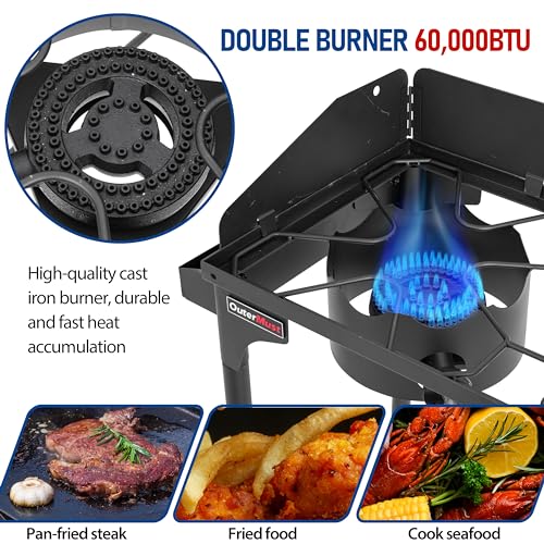 OuterMust Propane Double Burner for Outdoor Cooking Two Camping Stove with Removable Windscreen and Detachable Legs Stand for Home Brewing, Camping, BBQ - size: dual burners with wind gard