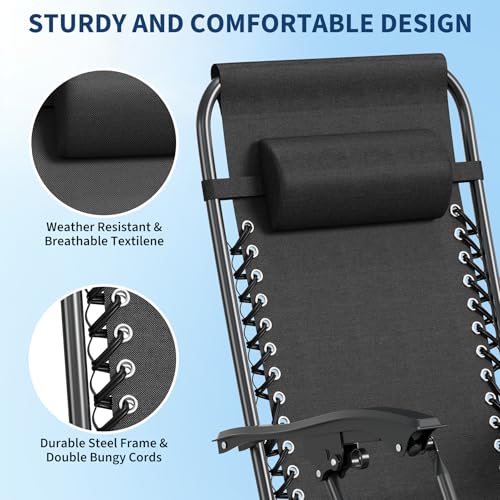 Garvee Zero Gravity Chair Set of 2, Patio Lounge Chair Outdoor with Pillow & Cup Holder Tray, Adjustable Reclining Chair, Folding Portable Camping Chair for Deck, Beach, Yard, Garden - Black - color: Black