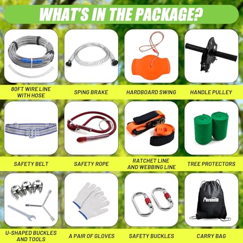 Zipline for Backyard Kids and Adults,Zipline Kits for Backyard with 80ft Cable,6ft Zipline Spring Brake and Belt,Zip line Trolley with Handle,seat and Bag - size: 80ft